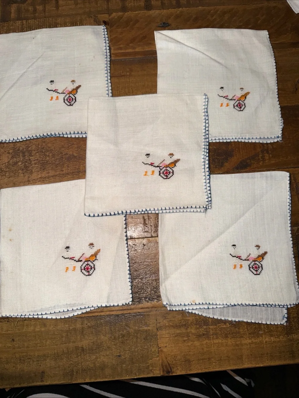 Embroidered Cocktail Napkins - White with Multicolor Motif (Set of 5)
